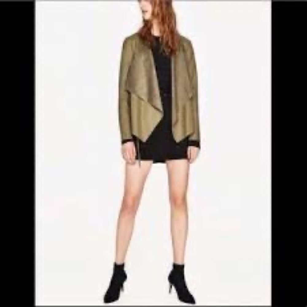 Zara Olive Green Faux Leather Open-front Super Soft Easy-to-wear Jacket